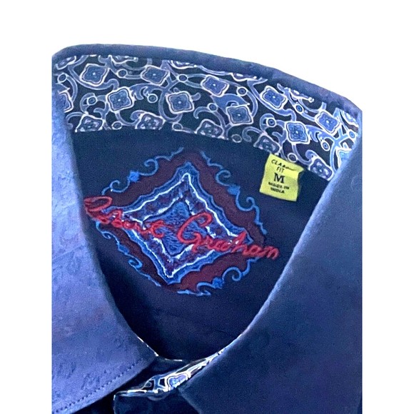 ROBERT GRAHAM Long Sleeve Shirt Dark Blue Paisley Button Front Flip Cuffs Sz M - Picture 5 of 8